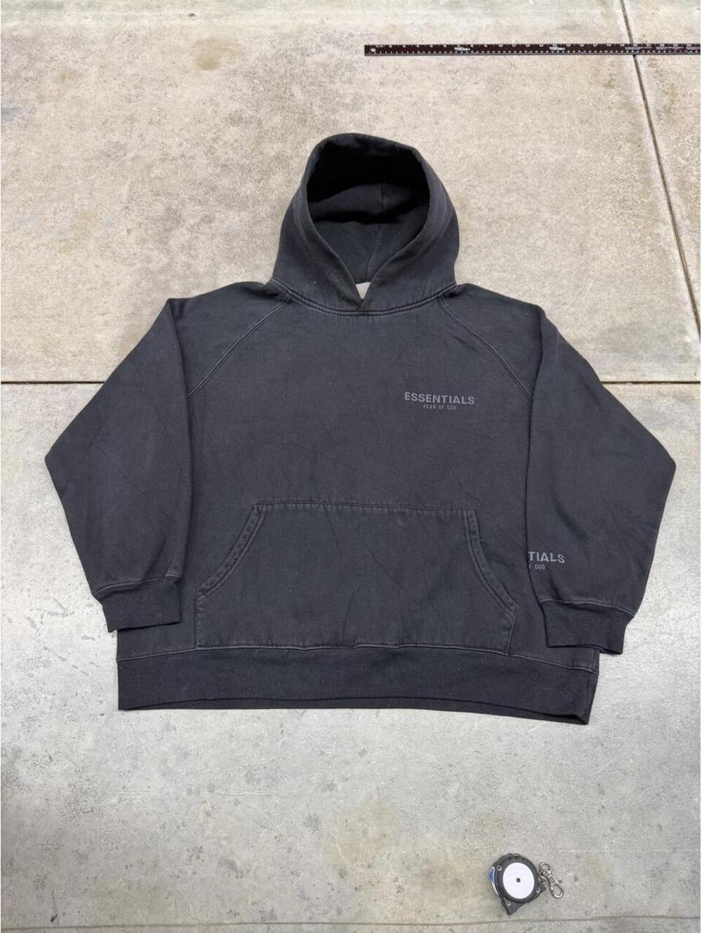 fear of god essentials faded black small logo heavyweight hoodie size small